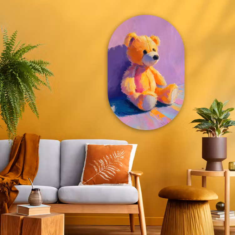 Teddybeer - Schaduw - Penseelstreken - Paars Wandcirkel Ovaal Glas middel -sfeer4