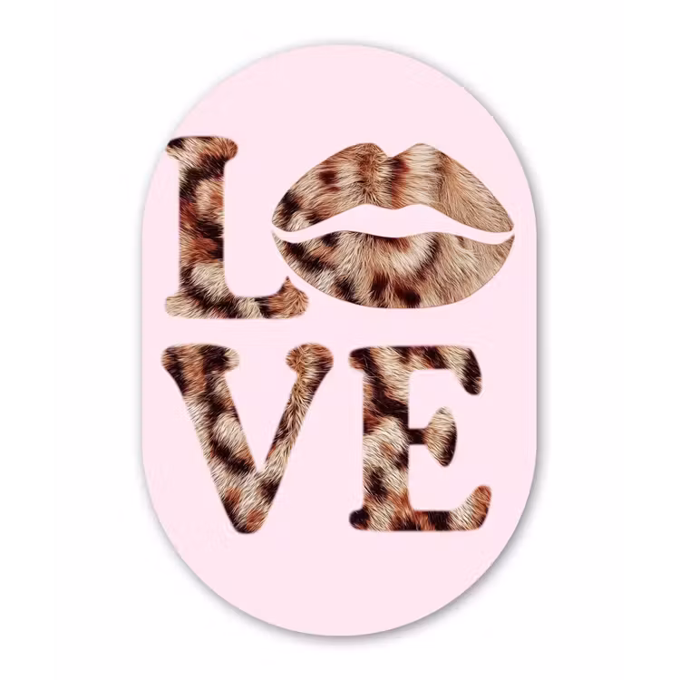 Tekst - Love - Pantervacht - Lichtroze Wandcirkel Ovaal Glas middel -3d