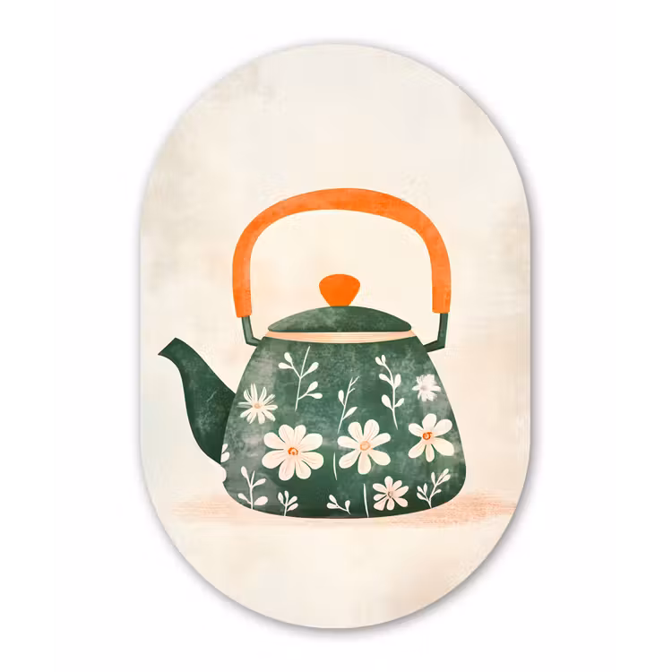 Theepot - Groen - Bloemen - Oranje Wandcirkel Ovaal Glas middel -3d