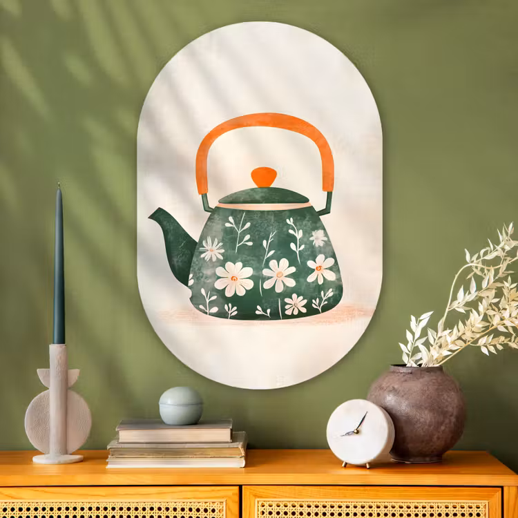 Theepot - Groen - Bloemen - Oranje Wandcirkel Ovaal Glas middel -sfeer2