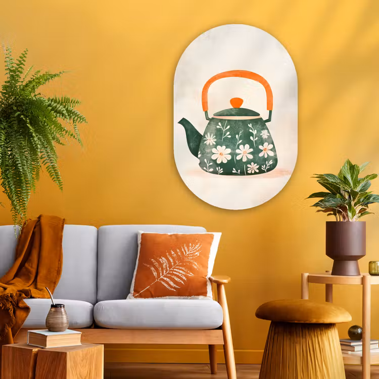 Theepot - Groen - Bloemen - Oranje Wandcirkel Ovaal Glas middel -sfeer4