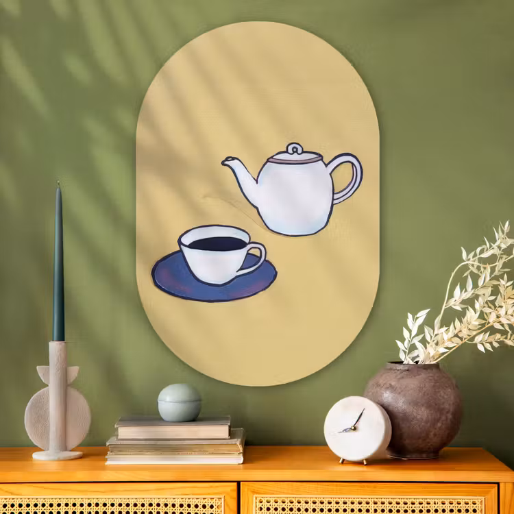 Theepot - Kopje - Beige - Illustratie Wandcirkel Ovaal Glas middel -sfeer2