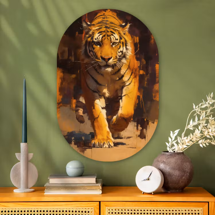 Tijger - Geschilderd - Oranje - Penseelstreken Wandcirkel Ovaal Glas middel -sfeer2