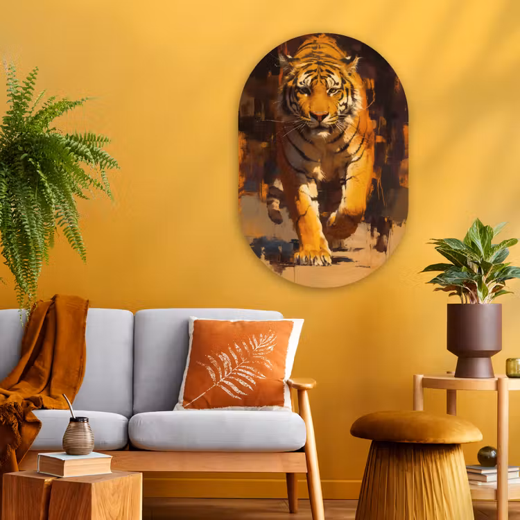 Tijger - Geschilderd - Oranje - Penseelstreken Wandcirkel Ovaal Glas middel -sfeer4