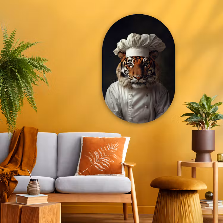 Tijger - Kokskleding - Bruin Wandcirkel Ovaal Glas middel -sfeer4