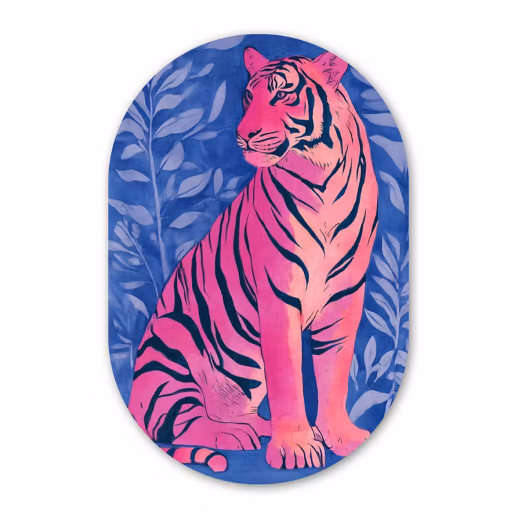 Tijger - Roze - Bladeren - Jungle Wandcirkel Ovaal Glas middel -3d