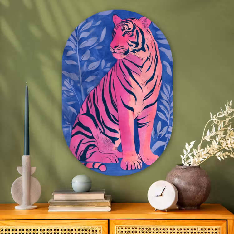 Tijger - Roze - Bladeren - Jungle Wandcirkel Ovaal Glas middel -sfeer2