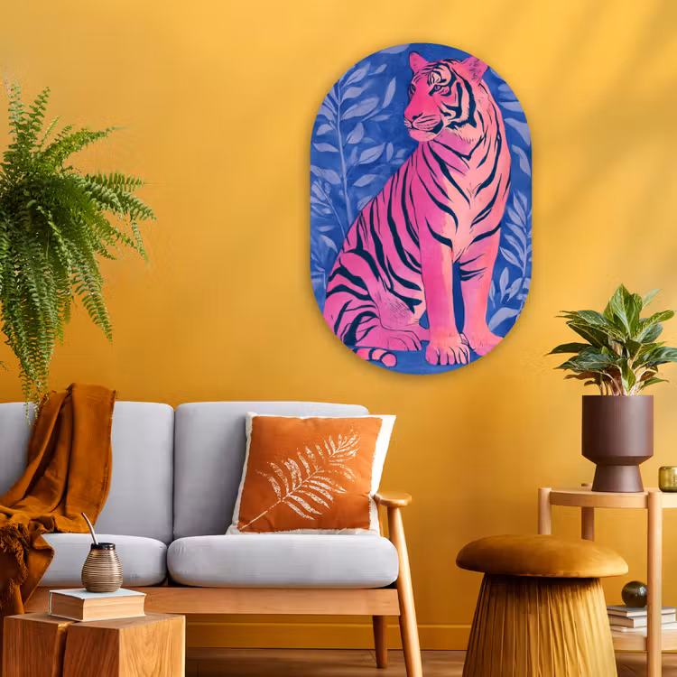 Tijger - Roze - Bladeren - Jungle Wandcirkel Ovaal Glas middel -sfeer4