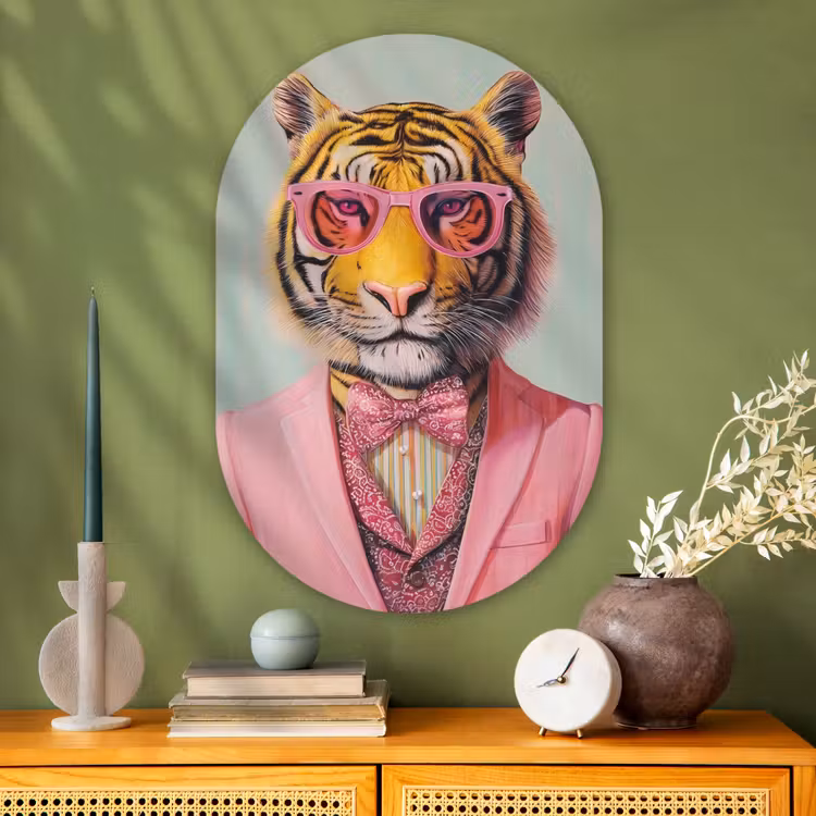 Tijger - Strik - Jasje - Roze Wandcirkel Ovaal Glas middel -sfeer2
