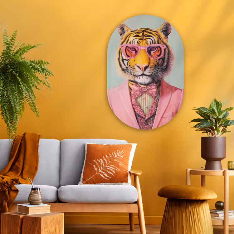 Tijger - Strik - Jasje - Roze Wandcirkel Ovaal Glas middel -sfeer4