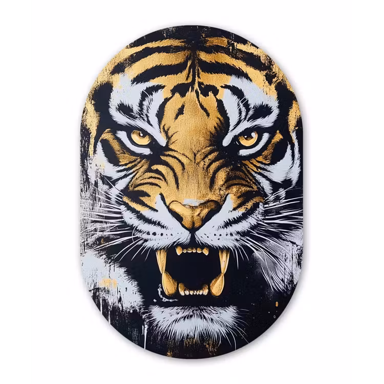Tijger - Verfspatten - Goud Wandcirkel Ovaal Glas middel -3d