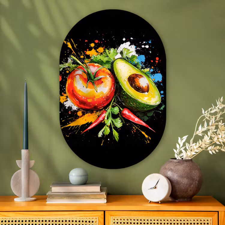 Tomaat - Avocado - Peper - Graffiti - Verf - Modern Wandcirkel Ovaal Glas middel -sfeer2