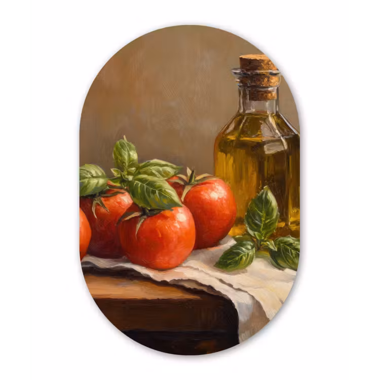 Tomaten - Olijfolie - Stilleven Wandcirkel Ovaal Glas middel -3d