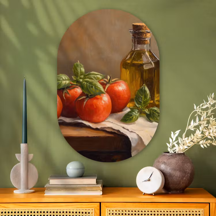 Tomaten - Olijfolie - Stilleven Wandcirkel Ovaal Glas middel -sfeer2