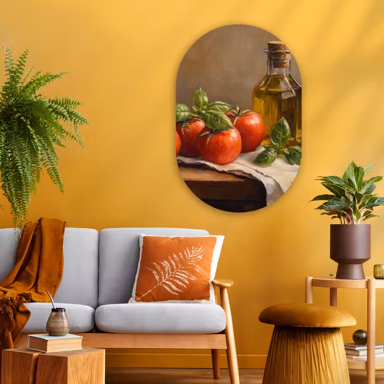 Tomaten - Olijfolie - Stilleven Wandcirkel Ovaal Glas middel -sfeer4