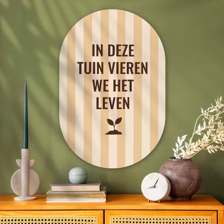 Tuin - Quote - Strepen - Zomer Wandcirkel Ovaal Glas middel -sfeer2