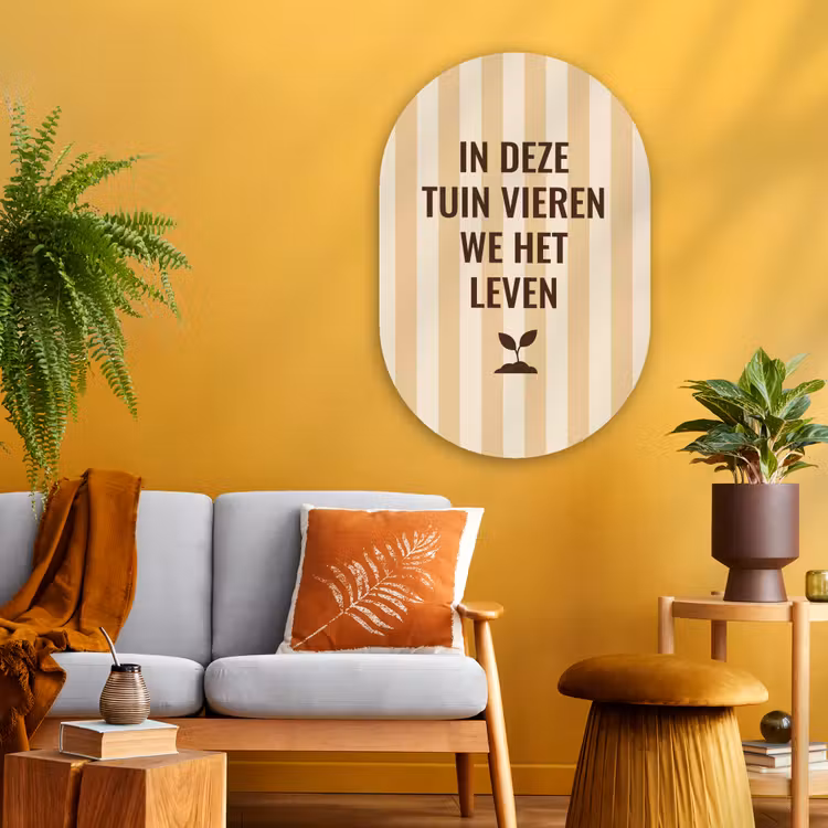 Tuin - Quote - Strepen - Zomer Wandcirkel Ovaal Glas middel -sfeer4