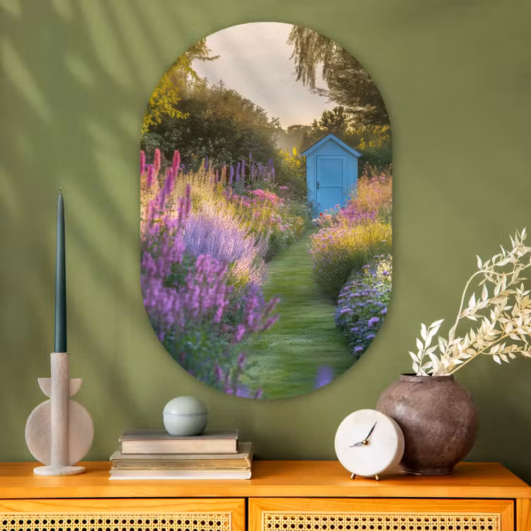 Tuinhuisje - Blauw - Bloemen Wandcirkel Ovaal Glas middel -sfeer2