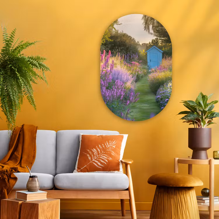 Tuinhuisje - Blauw - Bloemen Wandcirkel Ovaal Glas middel -sfeer4