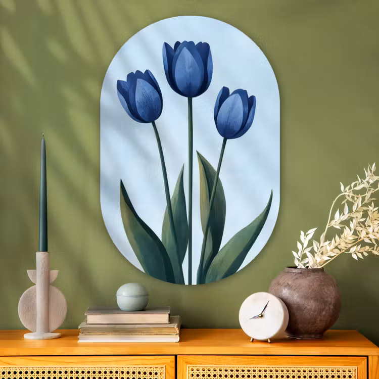 Tulpen - Blauw - Bladeren Wandcirkel Ovaal Glas middel -sfeer2