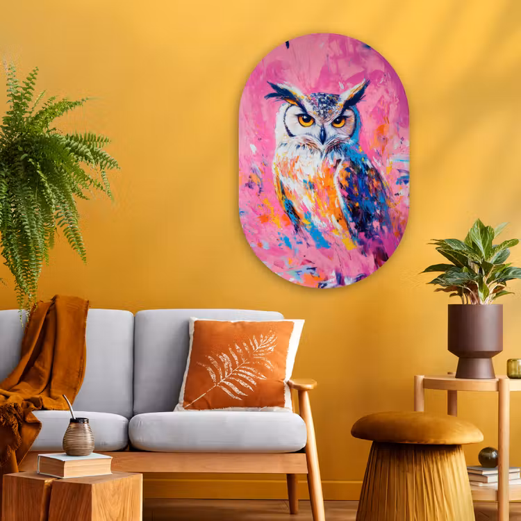 Uil - Roze - Blauw - Verf - Abstract Wandcirkel Ovaal Glas middel -sfeer4