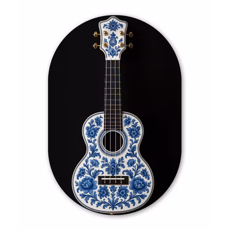 Ukelele - Delfts - Blauw - Muziek Wandcirkel Ovaal Glas middel -3d