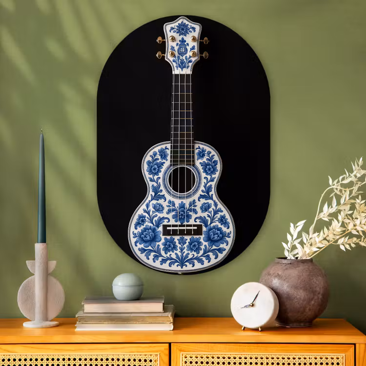 Ukelele - Delfts - Blauw - Muziek Wandcirkel Ovaal Glas middel -sfeer2