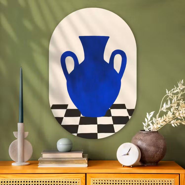 Vaas - Blauw - Geblokt - Modern Wandcirkel Ovaal Glas middel -sfeer2