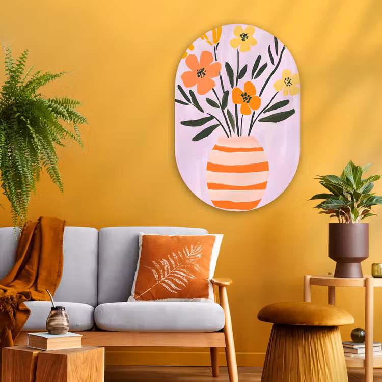 Vaas - Gestreept - Bloemen - Oranje Wandcirkel Ovaal Glas middel -sfeer4