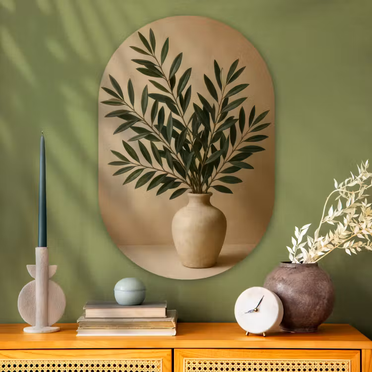 Vaas - Olijftakken - Bladeren - Beige Wandcirkel Ovaal Glas middel -sfeer2