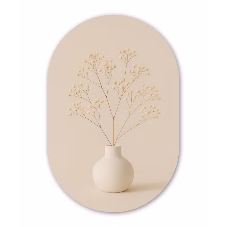 Vaas - Takken - Bloemetjes - Wit Wandcirkel Ovaal Glas middel -3d