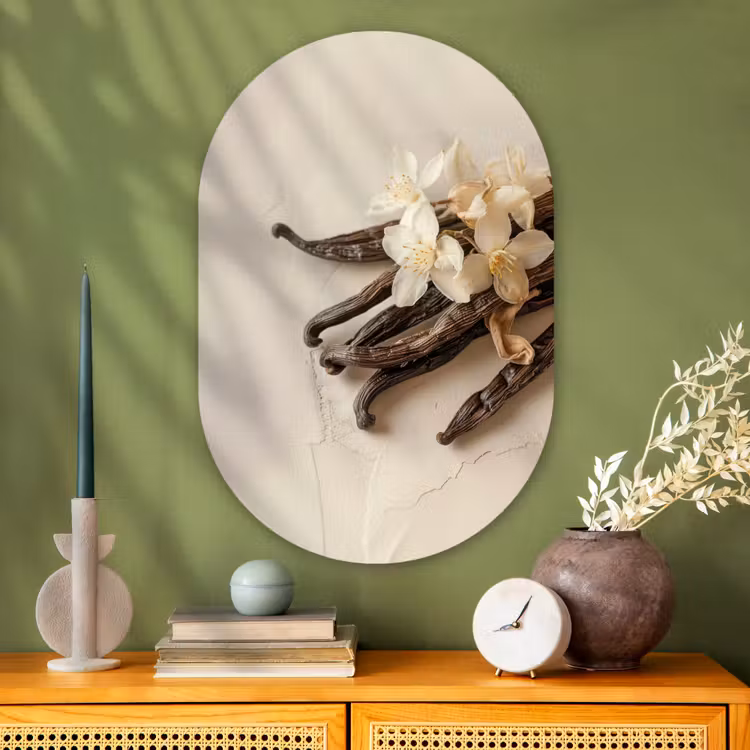 Vanille - Bloemen - Beige Wandcirkel Ovaal Glas middel -sfeer2