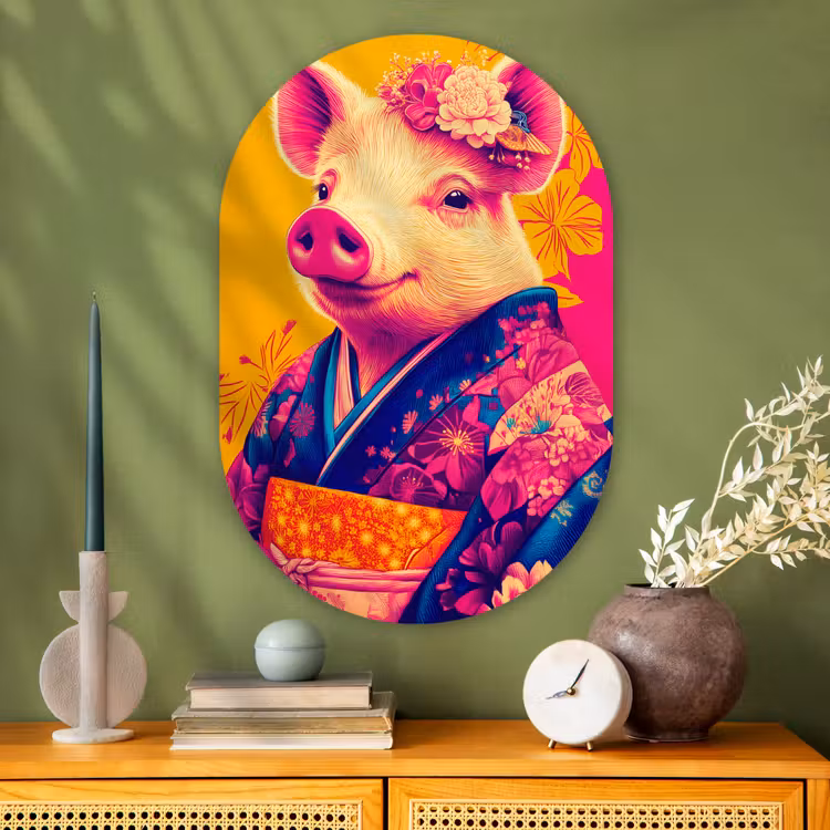 Varken - Bloemkroon - Kimono - Abstract Wandcirkel Ovaal Glas middel -sfeer2
