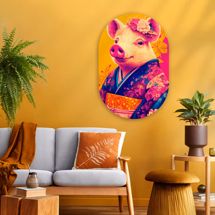 Varken - Bloemkroon - Kimono - Abstract Wandcirkel Ovaal Glas middel -sfeer4