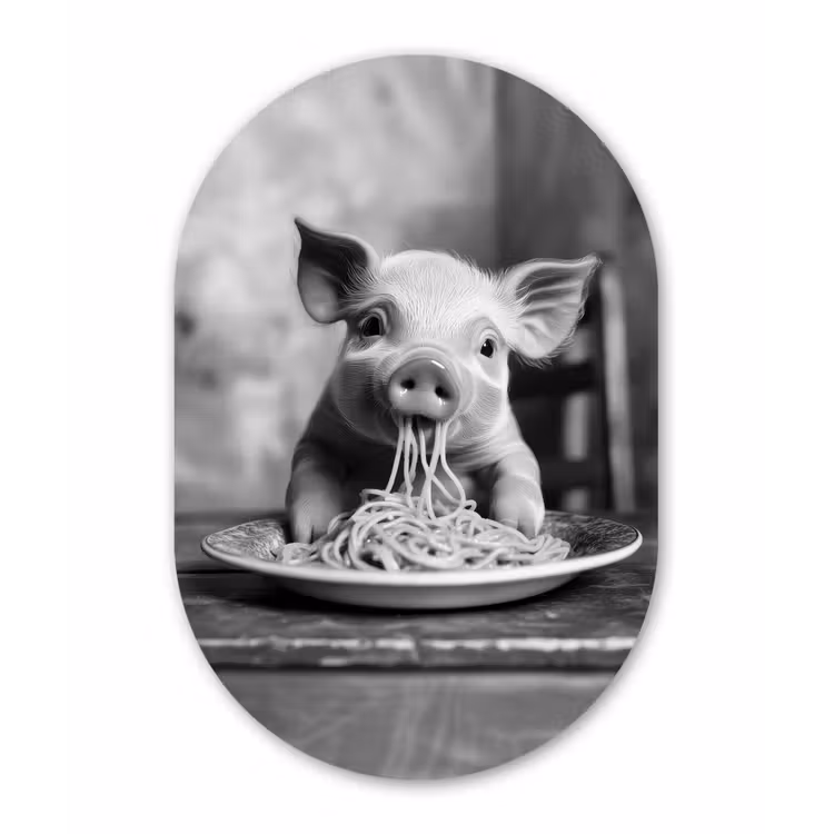 Varken - Schattig - Spaghetti - Zwart wit - Dier Wandcirkel Ovaal Glas middel -3d