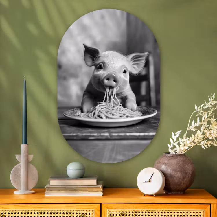 Varken - Schattig - Spaghetti - Zwart wit - Dier Wandcirkel Ovaal Glas middel -sfeer2