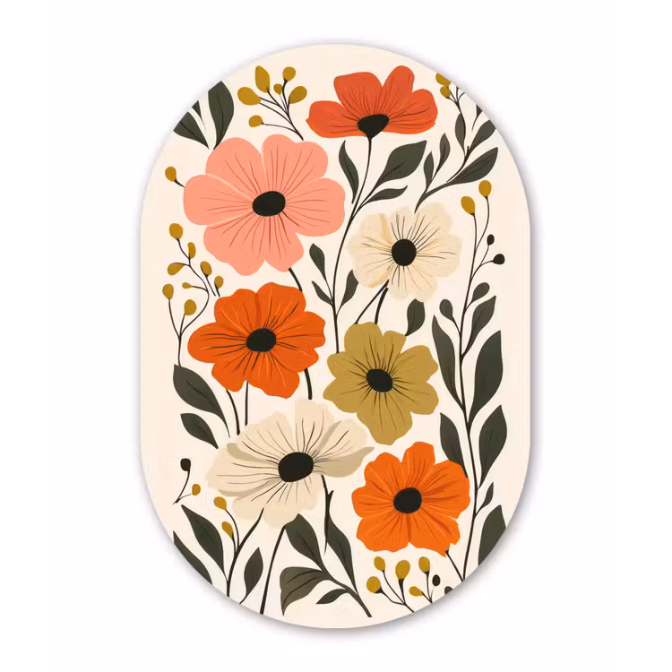 Veldbloemen - Stengels - Blaadjes - Groen Wandcirkel Ovaal Glas middel -3d