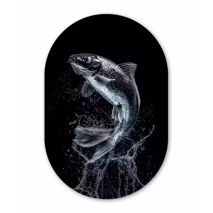 Vis - Koi - Zwart - Water Wandcirkel Ovaal Glas middel -3d