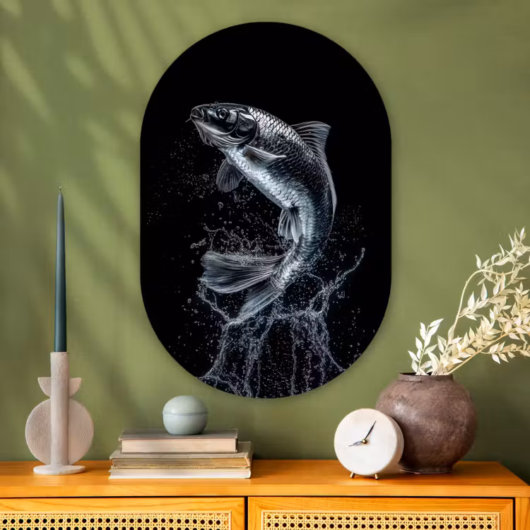 Vis - Koi - Zwart - Water Wandcirkel Ovaal Glas middel -sfeer2