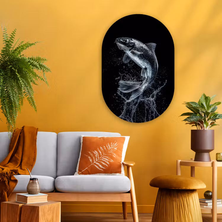 Vis - Koi - Zwart - Water Wandcirkel Ovaal Glas middel -sfeer4
