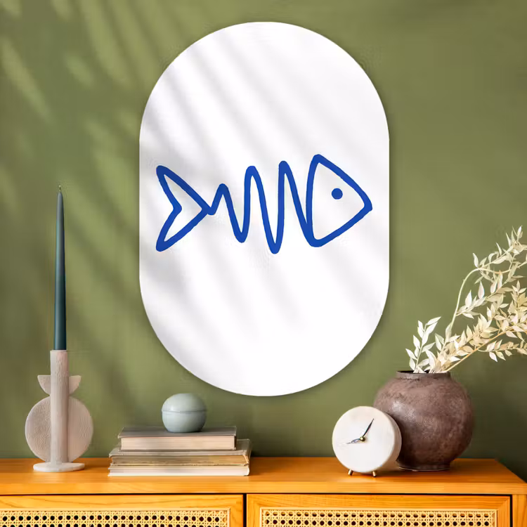 Vis - Minimalistisch - Blauw - Lijn Wandcirkel Ovaal Glas middel -sfeer2