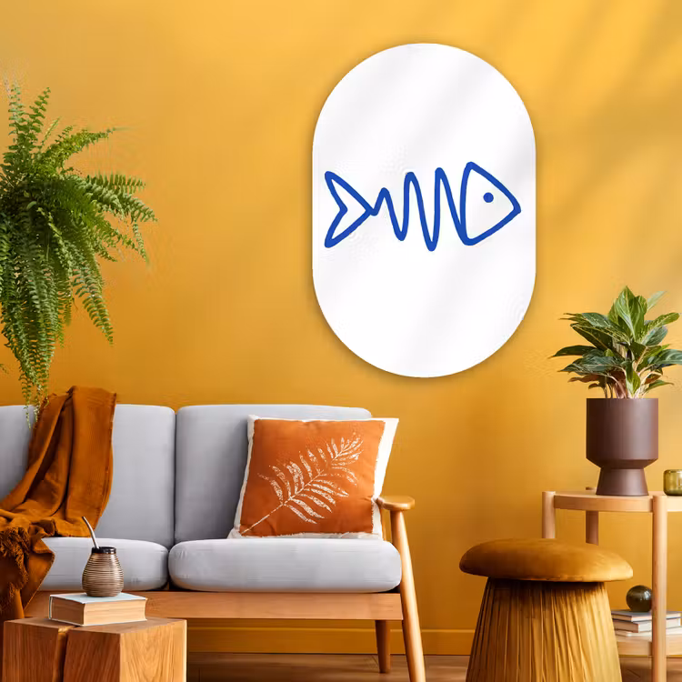 Vis - Minimalistisch - Blauw - Lijn Wandcirkel Ovaal Glas middel -sfeer4