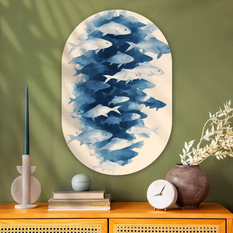 Vissen - Minimalistisch - Blauw Wandcirkel Ovaal Glas middel -sfeer2