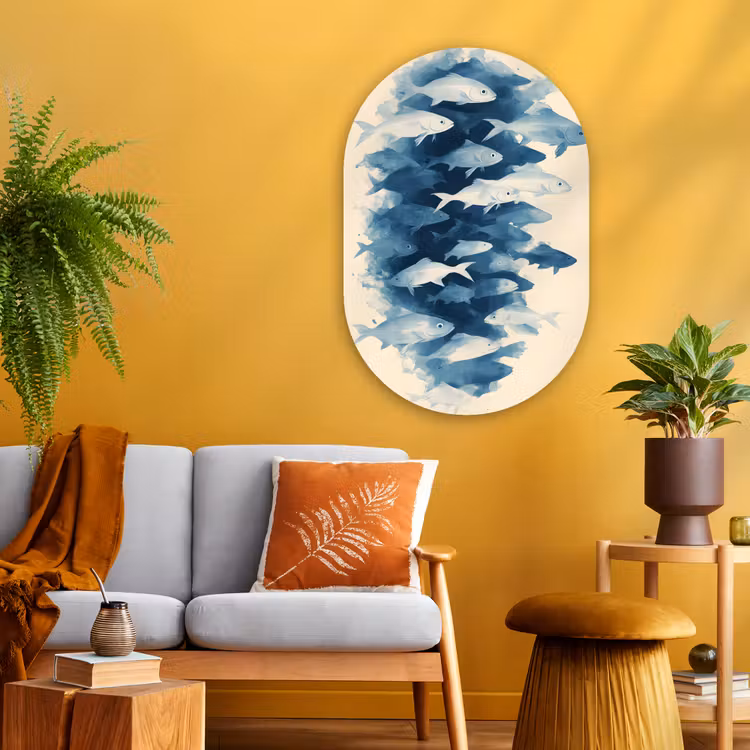 Vissen - Minimalistisch - Blauw Wandcirkel Ovaal Glas middel -sfeer4