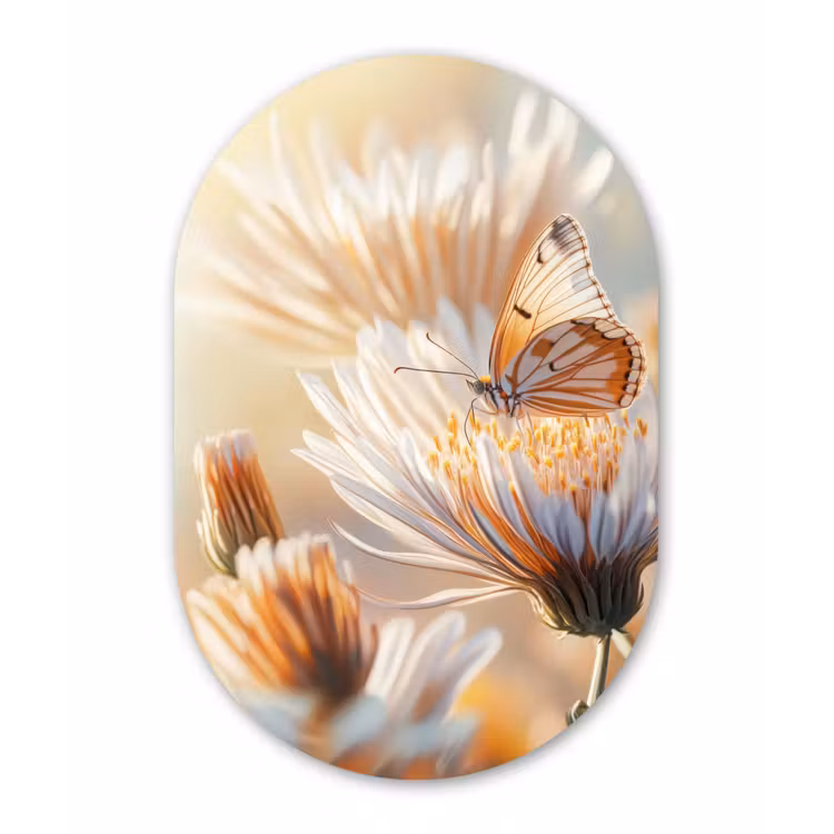 Vlinder - Bloem - Oranje Wandcirkel Ovaal Glas middel -3d