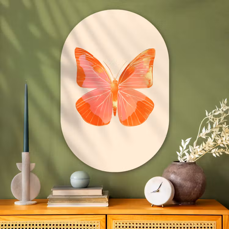 Vlinder - Minimalistisch - Roze Wandcirkel Ovaal Glas middel -sfeer2