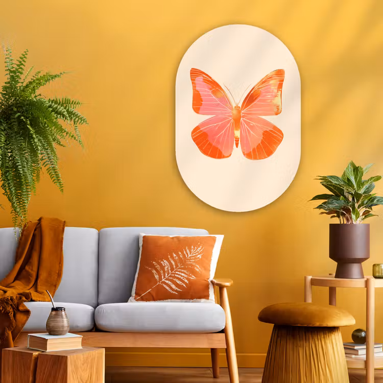 Vlinder - Minimalistisch - Roze Wandcirkel Ovaal Glas middel -sfeer4