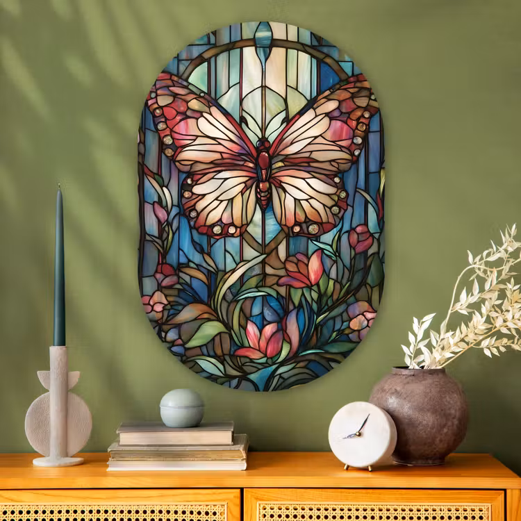 Vlinder - Roze - Bloemen - Bladeren Wandcirkel Ovaal Glas middel -sfeer2