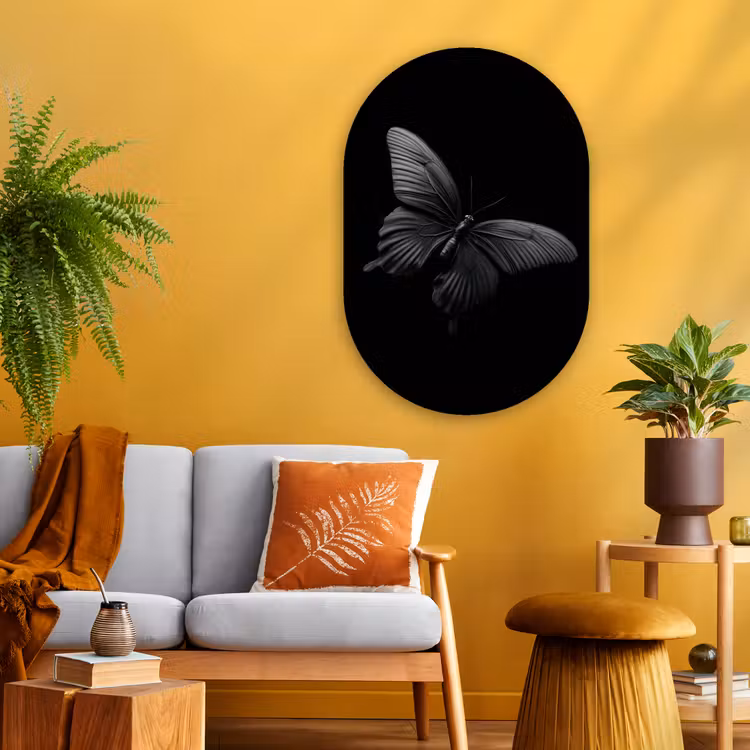Vlinder - Zwart - Insect - Dieren Wandcirkel Ovaal Glas middel -sfeer4