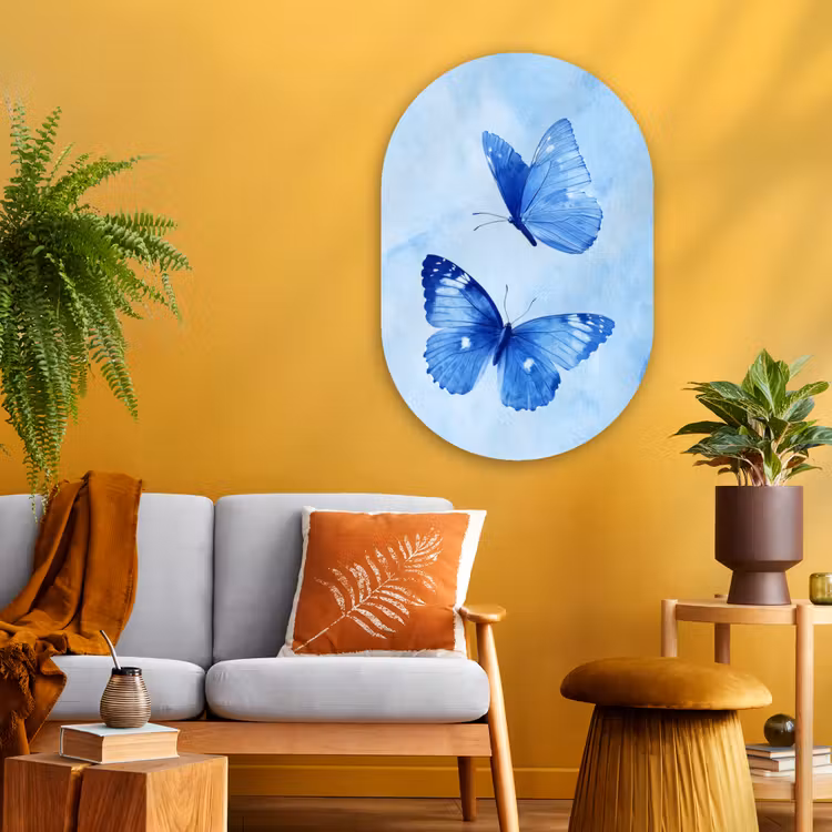 Vlinders - Sierlijk - Blauw Wandcirkel Ovaal Glas middel -sfeer4